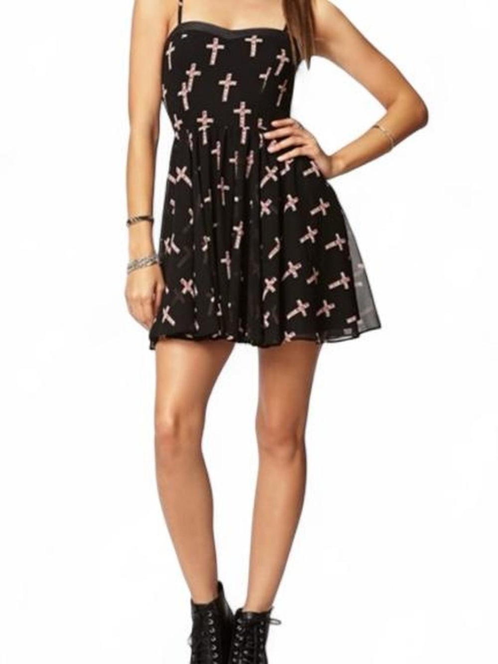 Forever 21 Black & Pink Cross Print Spaghetti Strap Skater Dress